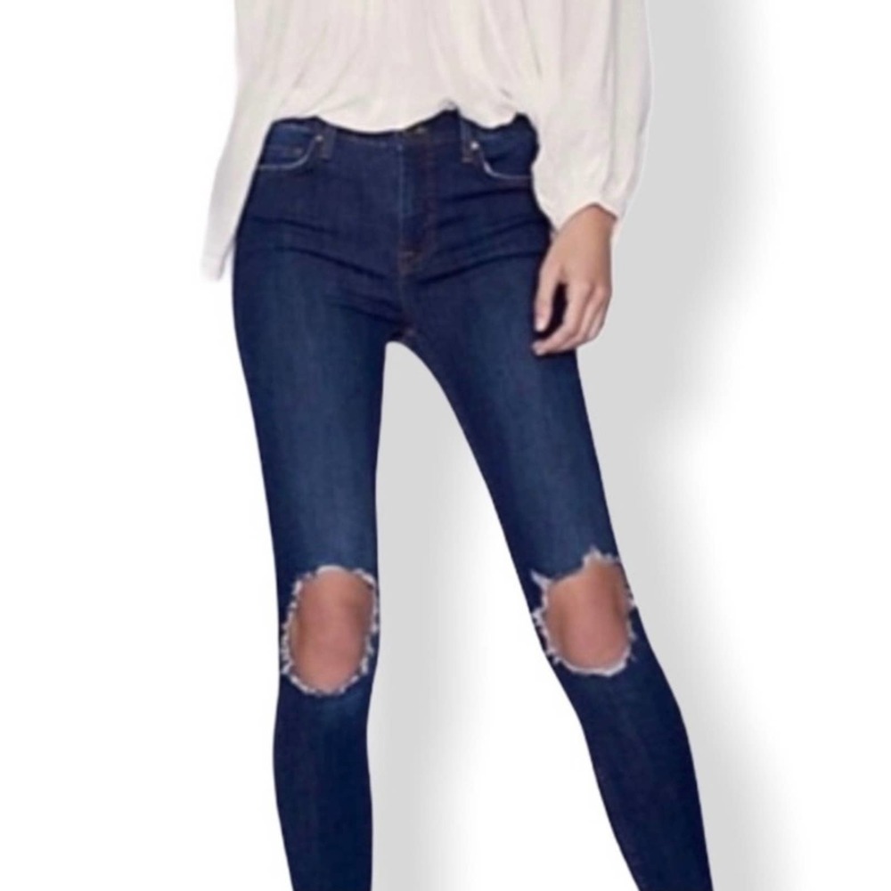 Free People Womens Busted Knee Skinny Jeans size 24 Dark Wash Frayed Step Hem